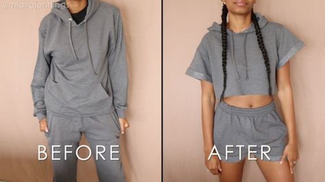 Here's another fun summer DIY! This is an easy and quick way to transform a basic hoodie and sweatpants into a hooded crop top and shorts set with no sewing at all!... Upcycling, Crop Sweatshirt Diy, How To Crop A Sweatshirt Diy, Diy Crop Hoodie, Cropped Hoodie Diy, Cut Sweatshirt Diy, Diy Cropped Hoodie, Diy Fashion Tops, Sweatshirt Crop Top
