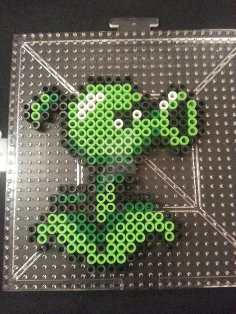 This is a perler bead figure of the Peashooter from the Plants vs Zombies game! It is available for sale in my Etsy shop. Check it out! www.etsy.com/shop/AshMoonDesig… Meaty Beads, Plants Vs Zombies Birthday Party, Bead Templates, Kandi Inspo, Anime Pixel, Melty Bead Patterns, Perler Ideas, Plantas Vs Zombies, Peler Beads