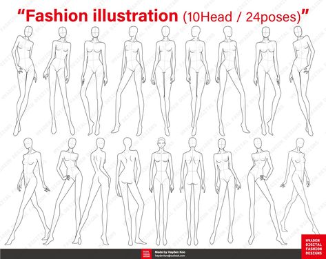 FASHION FIGURE TEMPLATE 24poses by HaydenkooDesigns on @creativemarket 10 Head Poses, Fashion Illustration Hand Poses, Figures For Fashion Design, Back Pose Fashion Illustration, Illustration Poses Women, Fashion Illustration Model Template, Figure Drawing For Fashion Design Book, Fashion Crouqui Poses, Pro Create Fashion Illustration