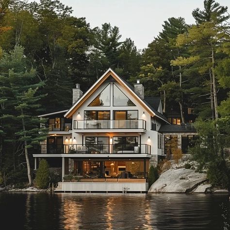 My Images Lakeside Cabin Exterior, House Overlooking Lake, House On A Lake Aesthetic, Lake House Aesthetic Exterior, Cozy Lake House Interior, Two Story Lake House, American Lake House, Modern Lake Cabin, Lakehouse Exteriors