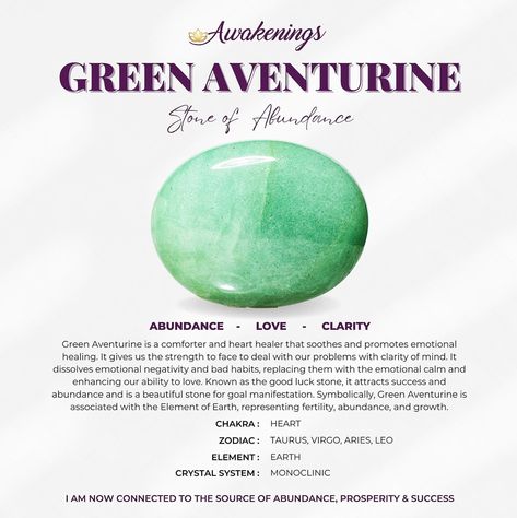 Green Aventurine is associated with the Solar Plexus and Heart chakras. Benefits of this stone include: * Helps with manifesting wealth and prosperity * Releases old habits and patterns * Assists with not over empathizing in Empaths * Enhances leadership skills *This is for one stone *Comes with an informational card. Images appear larger than the actual size to clearly depict the details of the crystal. Each stone is unique and beautiful, so please expect slight variations in color, texture, an