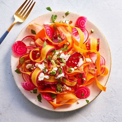 Shaved Root Vegetable Salad with Pistachios Salad Dressing, Salad With Pistachios, Root Vegetable Salad, Dressings Recipes, Winter Salad Recipes, Easy Summer Salads, Root Vegetable, Winter Salad, Root Vegetables