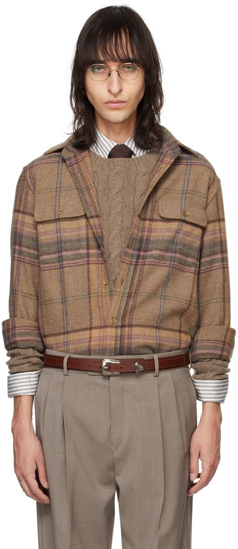 Lightweight wool twill shirt. Jacquard plaid pattern throughout. · Spread collar · Button closure · Flap pockets · Shirttail hem · Single-button barrel cuffs · Logo-embossed lambskin suede trim at back collar · Horn hardware Supplier color: Taupe multi Plaid On Plaid Outfit, Modern Winter Outfits, Fabric Studies, Brown Tweed Jacket, Terry Cloth Robe, British Clothing, Swedish Fashion, Brown Tweed, Plaid Outfits