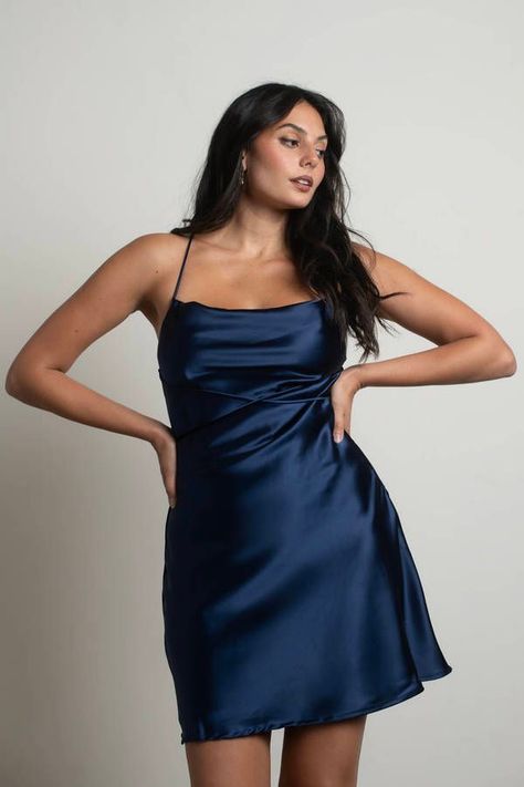 Blue Hoco Dress Plus Size, Blue Satin Dress Plus Size, Short Satin Dress Blue, Formal Dresses Short Plus Size, Homecoming Dresses Navy Blue Short, Slip Homecoming Dress, Homecoming Dresses Cowl Neck, Navy Blue Satin Slip Dress, Navy Blue Dress Semi Formal