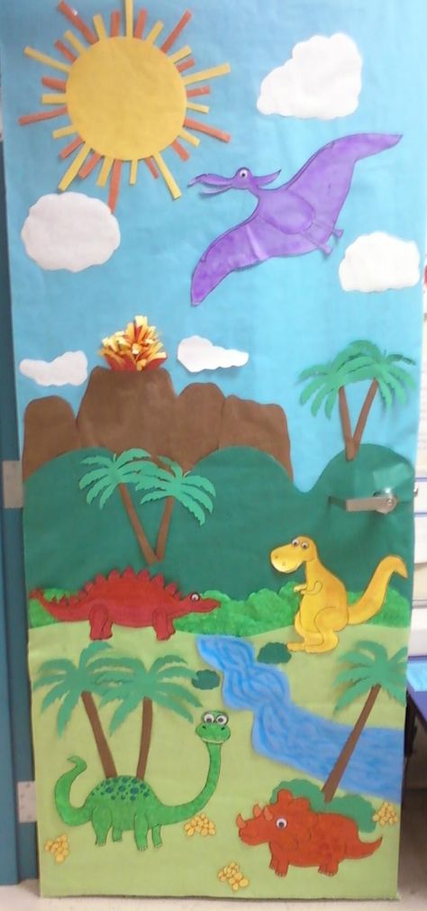 Dinosaur Classroom Door                                                                                                                                                                                 Más Classroom Door Ideas Dinosaurs, Dinosaur Theme Classroom Door, Dinosaur Door Decorations Classroom, Dinosaur Classroom Door, Dinosaur Door Decoration, Dinosaur Bulletin Board Ideas, Dinosaur Classroom Theme Decor, Dinosaur Scene, Door Classroom