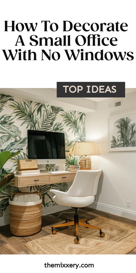 Small office decorated with tropical wallpaper, white desk with computer, ergonomic chair, and wicker plant basket. Faux Window For Office, How To Make A Small Office Look Bigger, Windowless Room Ideas Small Spaces, Office No Windows Decor, Small Room Without Windows Ideas, Counselling Room Design Ideas, No Window Office Decor, Office Calming Decor, Small Office Color Scheme