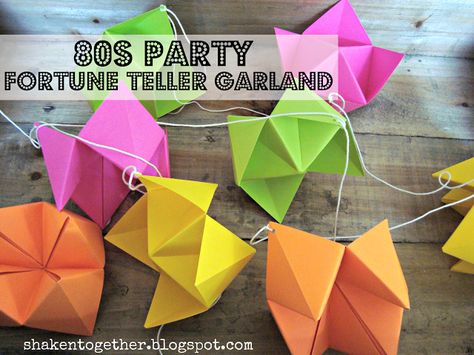 Fortune teller garland (or just have around on tables, maybe in a vase as a centerpiece or as a photo booth backdrop?) Thirty Party, Eighties Party, 90s Party Ideas, Decorations For Parties, 80s Party Decorations, 80s Birthday Parties, 1980s Party, 90s Theme Party, 80s Decor