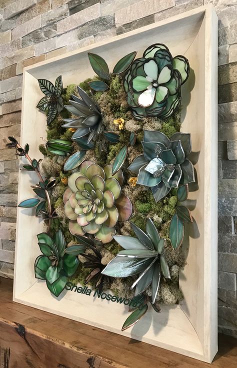 My 3D stained glass succulent wall hanging. 22x26 #stainedglass #succulent #plants #gardening #glassart #decor #art Artist: Sheila Noseworthy @ghostridermama Diy Stain Glass Succulents, Stained Glass In Garden, Glass 3d Art, Stained Glass Succulent Diy, Stained Glass Lavender, Stained Glass Sculpture 3d, Stained Glass Beginner Projects, Stained Glass 3d Flowers, Stained Glass Dreamcatcher