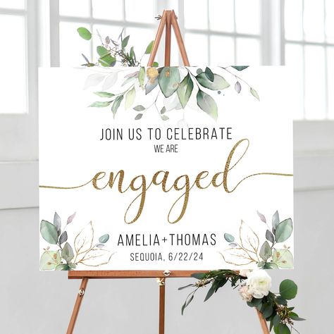 Welcome your friends to your Engagement Party with this awesome Engagement Welcome Sign! Featuring watercolor greenery elements and gold calligraphy fonts, this engaged sign will sure stand out in your engagement decoration and please all of your guests as they enter your engagement celebration. PROFESSIONAL PRINTING 👉 I offer professional printing using Photo Paper 80lbs (300g/m2) of outstanding quality and fade resistance for 11x14 and A3 sizes 👉 For Sizes 16X20 - 18X24 - 22X28 - 24X30 - 24X Engagement Party Thank You Gifts, Engagement Day Decoration, Engagement Party Background, Engagement Board Ideas, Engagement Poster Ideas, Welcome Board Engagement, Engagement Signs Ideas, Engagement Banner Ideas, Engagement Welcome Board Ideas