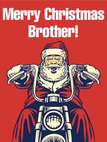 Let's Ride! Christmas Card for Brother: If your brother is an avid motorcycle rider, then there wouldn't be a more fitting card than this to send his way. This Christmas card shows a happy Santa riding a motorcycle instead of his sleigh, something only a true motorcycle lover can relate to. It features a classic retro style design, giving it a unique look. Your brother will truly appreciate that you sent a Merry Christmas card that looks like it was designed just for him! Natal, Motorcycle Christmas Cards, Merry Christmas Brother, Brother Memes, Motorcycle Christmas, Card For Brother, Funny Merry Christmas, Harley Davidson Artwork, Birthday Reminder