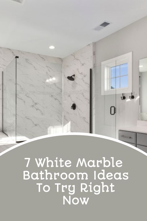 White Marble Shower Bathroom, Bathroom With Marble Walls, Marble Bathrooms Ideas, Marble Tiles Bathroom Ideas, Bathroom Ideas White Marble, Bathroom White Marble Tiles, Bathrooms With Marble Tile, Bathroom Ideas Marble Tile, White Grey Marble Bathroom