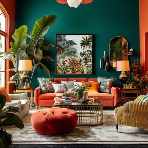 Charming Interior Design, Colorful Danish Interior, Maximalist Scandinavian Interior, Jewel Tones Living Room Decor, Orange Lounge Ideas, Chartreuse Couch Living Room, Blue Couch Boho Living Room, Eclectic Post Modern Decor, Unisex Home Decor