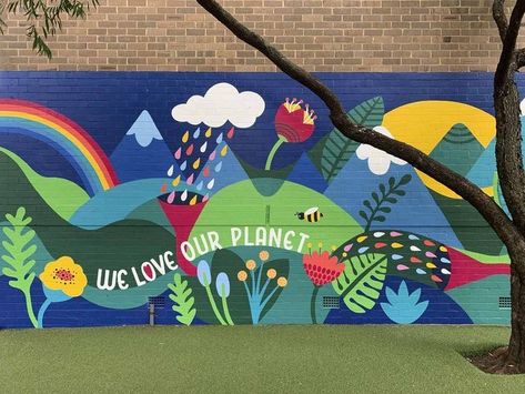 Mural For Preschool, Group Mural Ideas, Environment Doodle Art, Murals School Wall, Wall Mural School, Playground Mural Ideas, Classroom Murals Preschool, School Graffiti Wall Ideas, Community Garden Mural