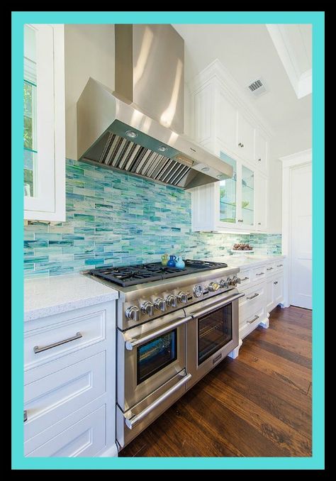 Turquoise backslash tile via House of Turquoise: Builder Boy Beach Kitchen Backsplash, Strand Decor, Turquoise Room, Beach Kitchens, Beach House Kitchens, House Of Turquoise, Dream Beach Houses, Pastel Decor, Coastal Kitchen