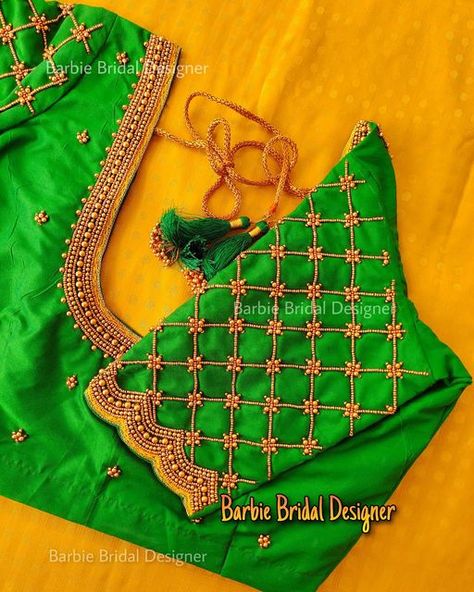 Green Blouse Designs, Latest Bridal Blouse Designs, Maggam Work Blouse, Latest Model Blouse Designs, Gold Work Embroidery, Boat Neck Blouse Design, Aari Blouse, Barbie Bridal, New Embroidery Designs