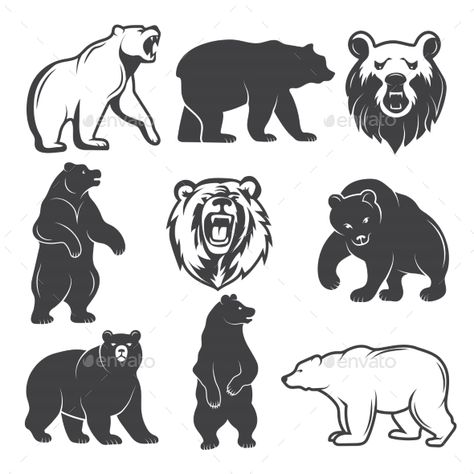 Monochrome illustrations of stylized bears. Pictures set for logos or badges design. Vector bear animal, wild mammal monochrome silhouette Bears Pictures, Badges Design, Bear Tattoo Designs, Monochrome Illustration, Bear Vector, Bear Tattoos, Bear Silhouette, Bear Animal, Bear Drawing