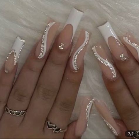 White Nails Rhinestones Bling, Pink And Gold Rhinestone Nails, Ongles Bling Bling, French Tip Fake Nails, Ballet Nails, Gold Acrylic Nails, White French Tip, Graduation Nails, Long Acrylic Nail Designs