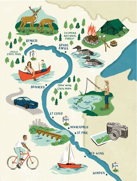 Mississippi River Adventure Guide | Minnesota Monthly Adventure Map Illustration, Roadtrip Map Aesthetic, Hiking Map Illustration, River Projects For Kids, Hike Illustration, Hiking Illustration, Maps Illustration Design, Adventure Illustration, Nature Guide