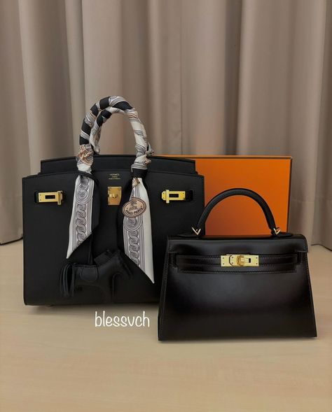 Mel | Black beauties 🖤🖤 My Birkin Sellier 25 in Veau Madame leather vs My Mini Kelly 20 in Box leather. I don’t usually drawn to black bags… | Instagram Leather, So Black Birkin, Birkin Sellier, Bag Wishlist, Mini Kelly, Dream Bag, Black Bags, Black Bag, Purse