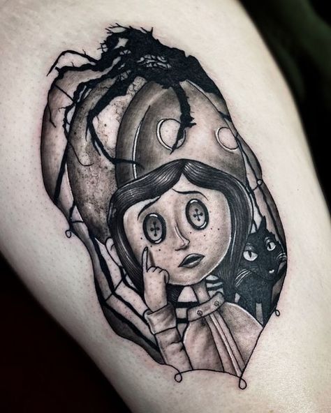 Coraline Stencil Tattoo, Coraline Garden Tattoo, Tim Burton Tattoo Coraline, Coraline Arm Tattoo, Coraline Tattoo Outline, Coraline Themed Tattoo, Coraline Button Eyes Tattoo, Coraline Other Mother Tattoo, Coraline Tattoo Color