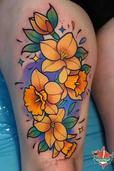 Discover beautiful daffodil tattoo designs for women in various styles such as small, sleeve, fine line, color, or simple. Whether you prefer a dainty daffodil tattoo on your spine or a simple one on your arm representing birth flowers for March, there's a design that suits your taste. Pairing daffodils with violets in a simple flower tattoo can create an elegant and unique look. Traditional Holly Tattoo, Daffodil Daisy Tattoo, Daffodil Flower Tattoo, Dainty Daffodil Tattoo, Daffodil Tattoo Design, Daffodil Drawing, Daffodil Flower Tattoos, Simple Flower Tattoo, March Birth Flowers