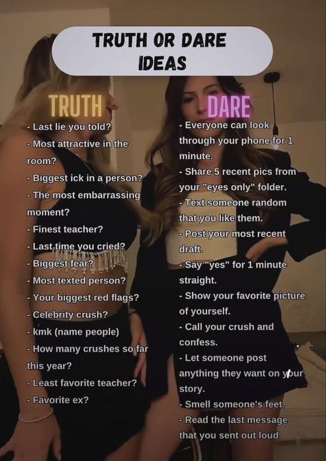 Truth Or Dare Questions For Best Friends At A Sleepover, Sleepover Ideas Truth Or Dare, Stuff To Do At A Birthday Sleepover, Sleepover Hangout Ideas, Things To Do With 3 People At A Sleepover, Truth Or Dares To Do With Friends, Good Dare Ideas, Dare Ideas For Friends, What To Do Sleepover Ideas