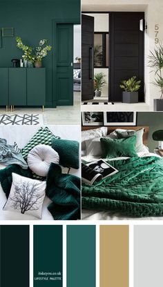 Dark green color palette with muted gold - Home color decor #color #colorpalette #homecolor #green  #greencolors Emerald Palette Colour Schemes, Dark Green With Grey, Bedroom Color Combinations Paint Colour Palettes, Emerald Green And Teal Bedroom, Emerald Theme Bedroom, Gold And Emerald Color Palette, Grey Green Gold Color Palette, Deep Green Color Palette Living Room, What Goes With Dark Green