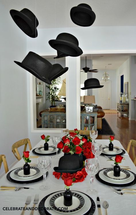 Derbys and Top Hats hang above a table celebrating the graduate with Hat's Off To You Fathers Day Party Ideas Theme, Manly Centerpieces, Fathers Day Centerpiece Ideas, Father’s Day Party Ideas, Father's Day Decorations Ideas, Hat Centerpieces, Father's Day Celebration, Mens Birthday Party, Silvester Party