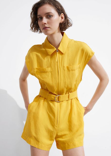 MARIA'S STYLE PLANET: UTILITY PLAYSUIT Summer Style Guide, Yellow Jumpsuit, Utility Jumpsuit, Knit Outerwear, Ring Belt, Glamour Dress, Linen Sweater, Summer Beach Wear, Blouse And Skirt