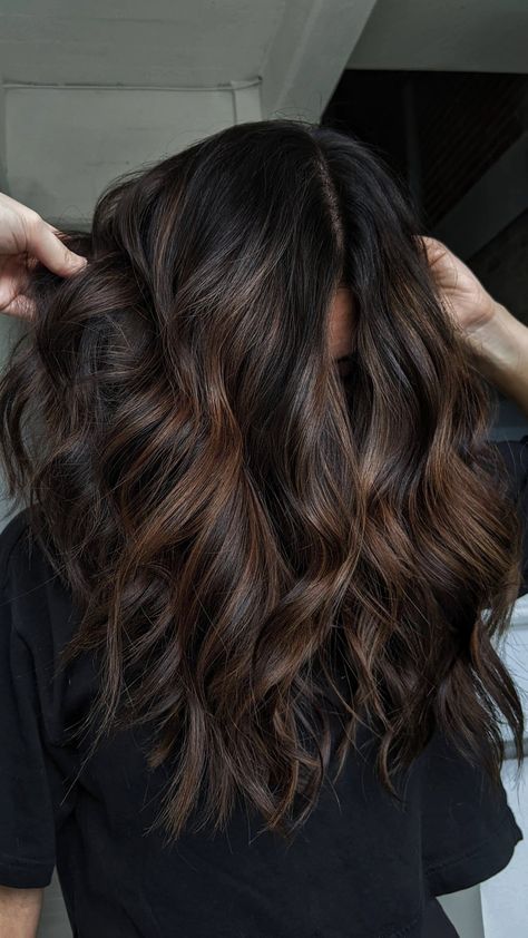 Non Bleach Balayage Black Hair, Chocolate Brunette With Dimension, Glossy Dark Brown Hair Subtle Highlights, Dark Brunette Fall Hair 2024, Dark Subtle Balayage, Fall Brunette Hair Color 2024, Dark Brown Hair Ideas For Fall, Fall Burnett Hair Color 2024, Dark Brown Hair With Lowlights Balayage