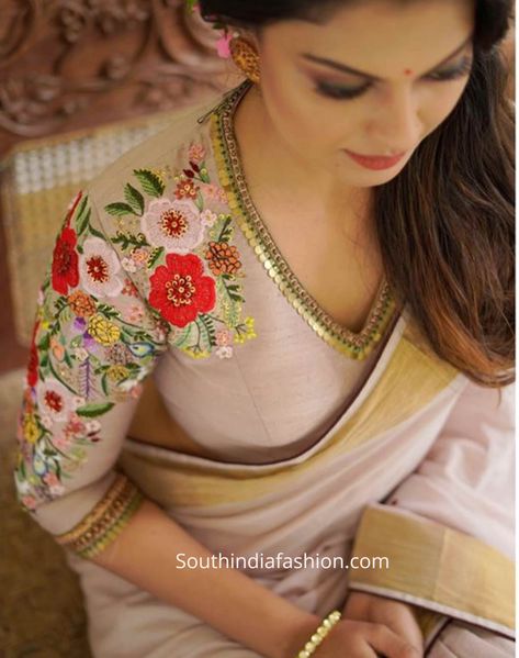 Dirndl, Anusree Actress, Raw Silk Blouse, Embroidery Blouses, Light Pink Blouses, Saree Blouse Neck Designs, Blouse Design Images, Wedding Blouse Designs, New Blouse Designs