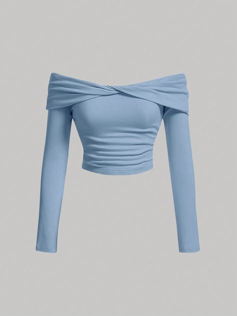 Blue Casual Collar Long Sleeve Knitted Fabric Plain  Embellished Medium Stretch  Women Clothing Shein Tops Outfit, Korean Tops For Women, Trendy Fashion Tops Long, College Casual Outfits, Long Sleeve Mini Dress Casual, Blue Off The Shoulder Top, Blue Shirts, Bleu Azur, Trendy Outfits For Teens