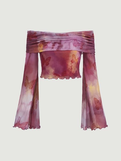 Red Violet Casual Collar Long Sleeve Mesh Fabric Tie Dye,Butterfly  Embellished Slight Stretch  Women Tops, Blouses & Tee Hippies, Long Butterfly Sleeves, Butterfly Outfit Aesthetic, Soiree Blouse, Shein Blouse, Tie Dye Butterfly, Butterfly Outfit, Butterfly Clothes, Classy Fall Outfits