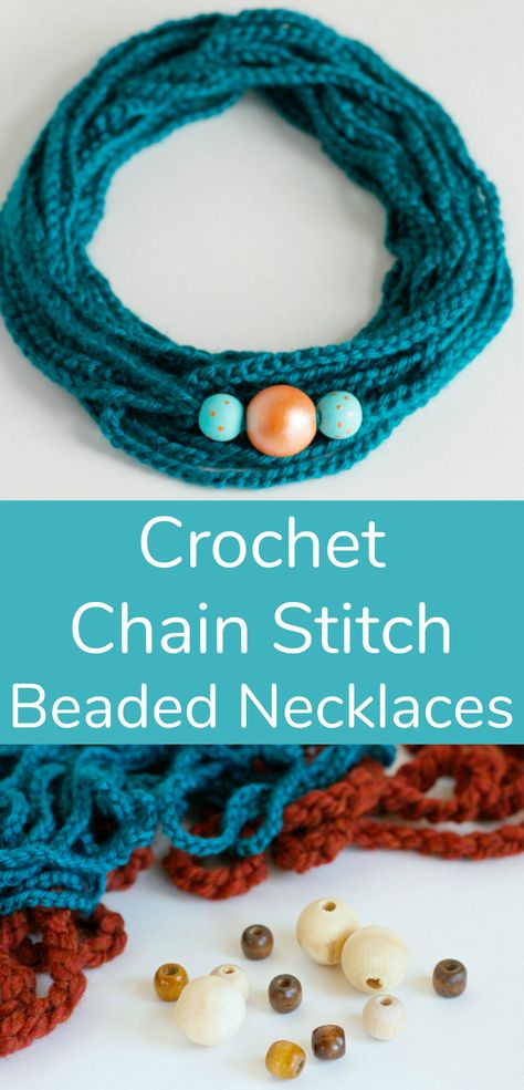 DIY Crochet Chain Stitch Beaded Necklaces - Not only are these crochet necklaces super easy to make, you can personalize them in so many different ways. Try different yarn colors and textures, different shapes and sizes of beads, even mix-matching with every kind of style to make these your own. Crochet Chain Projects, Crochet And Beads Jewelry, Yarn Necklace Diy, Crochet Chain Link, Crochet Necklace Diy, Yarn Jewelry, Simple Pendant Necklace, Crochet Workshop, Crochet Chain Stitch