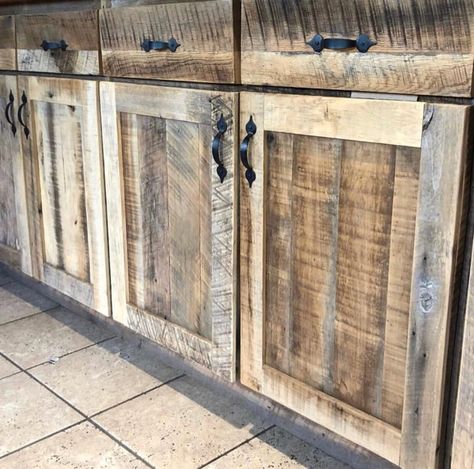 Cabin Kitchen Cabinets, Homemade Cabinets, Rustic Cabinet Doors, Diy Rustic Kitchen, Barn Wood Cabinets, Reclaimed Wood Cabinet, Cabinet For Kitchen, Wood Cabinet Doors, Distressed Kitchen