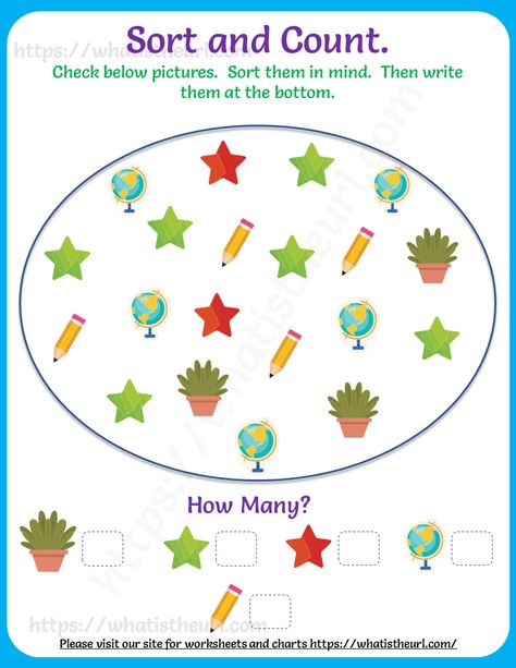 Learn to Sort, Count and Write Worksheet for Kids Montessori, Lkg Maths Worksheets Count And Write, Sorting Activities For Preschool, Count And Write Worksheets, Pollution Activities, Sorting Worksheet, Worksheet For Nursery Class, Alphabet Mini Book, Count And Write