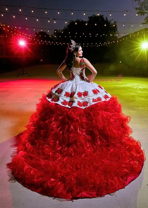 Quince Dresses White With Red Roses, Red And White Charro Dress, Red Quinceanera Dresses Roses, Red Quince Theme Vaquera, Red Roses Quinceanera Dresses, Quinceanera Themes Charro, Red Quinceanera Dresses With Roses, White With Red Roses Quince Dress, Red Black And White Quinceanera Dress