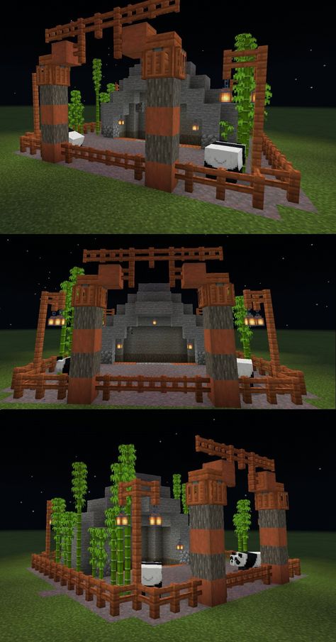 Minecraft Panda Farm, Zoo Enclosure Minecraft, Panda Area Minecraft, Minecraft Panda Enclosure Build, Panda Home Minecraft, Panda Enclosure Minecraft Ideas, Panda Minecraft House, Minecraft Zoo Ideas Layout, Panda Minecraft Enclosure