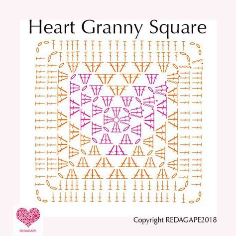 Heart Granny Square, Motifs Granny Square, Granny Square Pattern Free, Virkning Diagram, Crochet Heart Blanket, Crochet Granny Square Tutorial, Crochet Heart Pattern, Crochet Patron, Pola Amigurumi