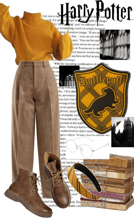 Harry Potter Houses Costumes, Harry Potter Themed Clothes, Hogwarts Professor Oc, Hogwarts Hufflepuff Outfit, Subtle Harry Potter Outfit, Harry Potter Clothes Hufflepuff, Hufflepuff Academia Outfit, Huffle Puff Outfits, Casual Harry Potter Outfits