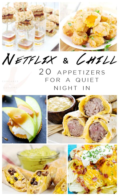 Want to plan the perfect Netflix night? These 20 appetizer ideas are the perfect finger foods to pair with your favorite shows! Can I please call in sick and make all 20 of these quick and easy recipes?! I've got a lot of shows to catch up on! (These are also awesome for football and tailgating parties!) #appetizers #fingerfoods #footballfood Essen, Girls Night Snacks, Friday Night Foods, Girls Night In Food, Netflix Night, Game Night Snacks, Game Night Food, Movie Night Dinner, Movie Night Food