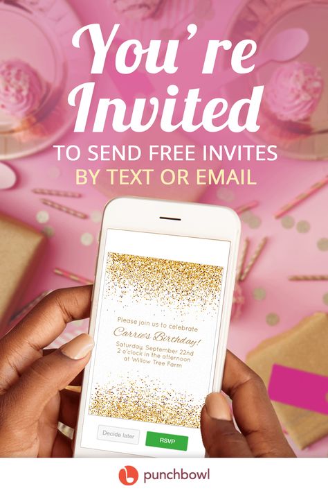 Send free party invitations by text message or email and get RSVPs instantly with Punchbowl! Party planning has never been faster. Start planning your special celebration now! Free Invitation Maker, Undangan Diy, Online Birthday Invitations, Digital Invitations Birthday, Sleepover Parties, Free Party Invitations, Spa Party Invitations, Free Invitation Cards, Invitation Card Maker