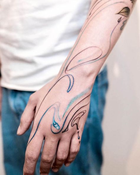 Water Arm Sleeve Tattoo, Tattoo Water And Fire, Blue Aesthetic Tattoo, Water Colour Tattoo Designs For Men, Water Swirl Tattoo, Water Design Tattoo, Water Wrist Tattoo, Water Bracelet Tattoo, Wave Abstract Tattoo