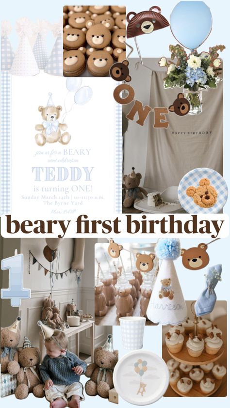 A mood board for a teddy bear themed first birthday party. The colors are brown, white and blue. There are bear themed foods, like cookies and treats. Blue balloons, and blue gingham plates, cups and party hats. Birthday Mood Board, Bear Themed First Birthday, Teddy Bear Birthday Theme, Beary First Birthday, Baby First Birthday Themes, First Birthday Balloons, Teddy Bear Party, Themed First Birthday, Baby Birthday Themes