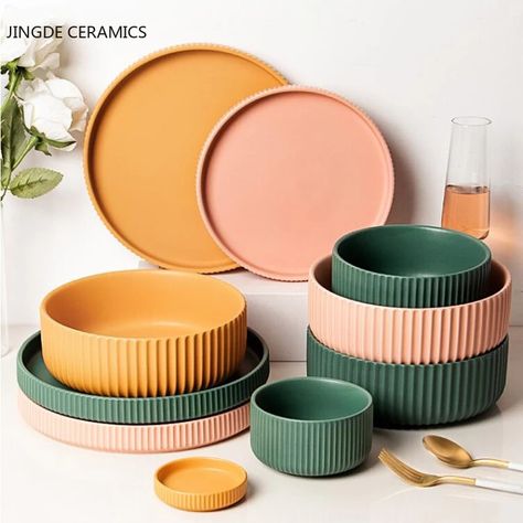 Ceramic Dinner Plate Beef Flat Tableware Round Solid Color Dessert Salad Plate Seasoning Bowl Snack Dish Soup Bowl Kitchen Tool|Dishes & Plates| - AliExpress Colorful Dinnerware, Ceramic Dinnerware Set, Chic Table, Deep Plate, Ceramic Dinnerware, Snack Plate, Ceramic Tableware, Textured Design, Family Dinners