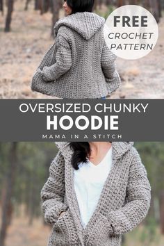 Chunky Hoodie, Bulky Yarn Patterns, Mama In A Stitch, Bulky Yarn Crochet, Chunky Yarn Crochet, Crochet Sweater Free, Crochet Cardigan Pattern Free, Crochet Hoodie, Gilet Crochet