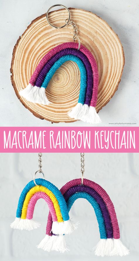 Macrame Rainbow Keychain #macrame #rainbow #diykeychain #macramekeychain #teencrafts #teenactivities #keychain #craft Diy Woven Keychain, Diy Rainbow Crafts, Diy Rainbow Keychain, Summer Macrame Ideas, Keychain Crafts For Kids, Rainbow Keychain Diy, Diy Christian Crafts, Christian Arts And Crafts, Christian Craft Ideas