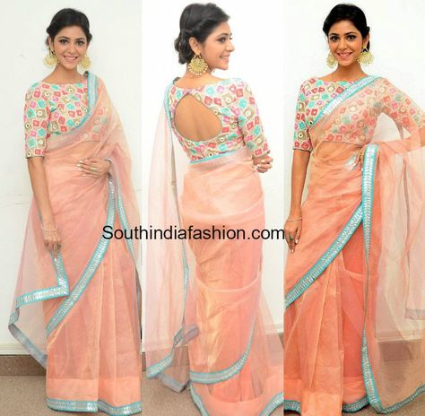 Actress Priyanka Bhardwaj attended the press meet of Mister 420 movie wearing a light peach organza net saree and boat neck blouse Boat Neck Saree Blouse Design, Organza Saree Blouses, Boat Neck Back Designs, Peach Colour Blouse Designs, Boat Neck Designs For Blouse, Organza Sarees Blouse, Bot Neck Blouse Design, Net Cloth Blouse Designs, Blouse Boat Neck Design