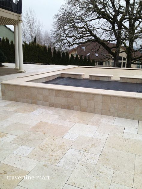 Travertine Pool Tile, Ivory Travertine, Pool Pavers, Travertine Pool, Travertine Pavers, Stone Pool, French Pattern, Pool Tiles, Patio Tiles