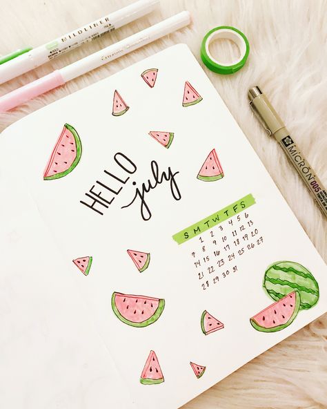 Dayary Ideas, Easy Calendar Ideas, Calendar Ideas Journal, Watermelon Bujo Cover, May Page Bullet Journal, Journal Ideas Monthly Calendars, Watermelon Journal Ideas, Journal July Ideas, Bujo July Cover Page